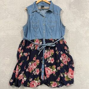 Fun and Flirt Dress 3X Button Down Floral Cotton Bohemian Chambray Sleeveless